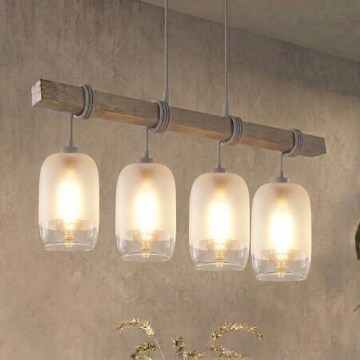 BRILAGI - Hänglampa på vajer WOOD GLASS 4xE27/60W/230V furu/grå/vit