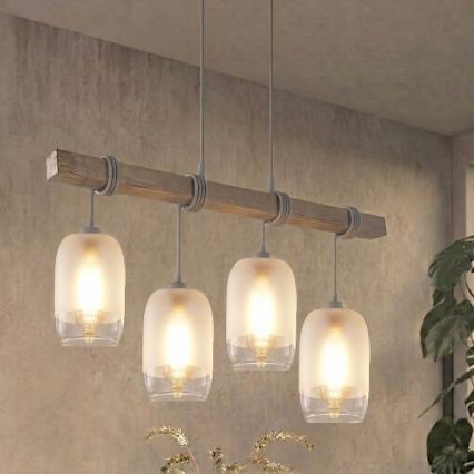 BRILAGI - Hänglampa på vajer WOOD GLASS 4xE27/60W/230V furu/grå/vit