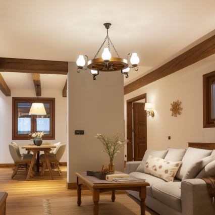 Brilagi - Kedjehängd taklampa ROATA 5xE14/40W/230V Ø 70 cm bok/valnöt