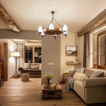 Brilagi - Kronlampa med kedja ROATA 6xE14/40W/230V Ø 70 cm bok/valnöt