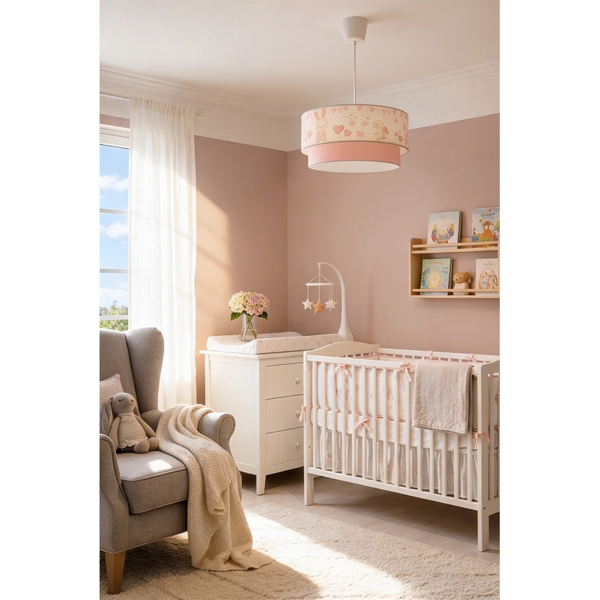 Brilagi - LED-barnpendel med vajer BOBO 1xE27/10W/230V Ø 40 cm krämvit/rosa/kaninmotiv
