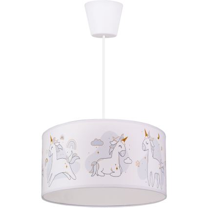 Brilagi -LED Barnpendel på sladd BOBO 1x E27/60 W/230 V Ø 35 cm vit med enhörningsmotiv