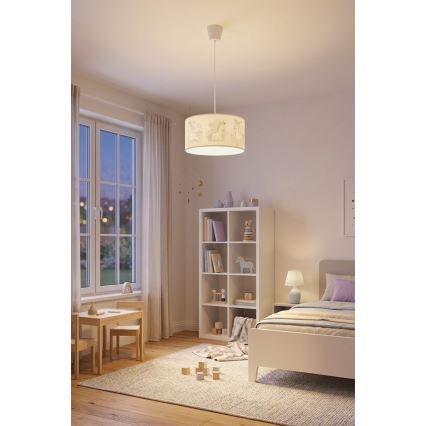 Brilagi -LED Barnpendel på sladd BOBO 1x E27/60 W/230 V Ø 35 cm vit med enhörningsmotiv
