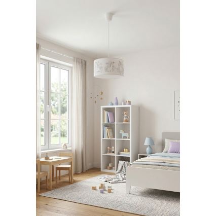 Brilagi -LED Barnpendel på sladd BOBO 1x E27/60 W/230 V Ø 35 cm vit med enhörningsmotiv