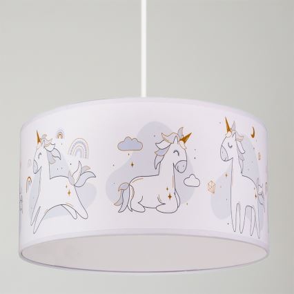 Brilagi -LED Barnpendel på sladd BOBO 1x E27/60 W/230 V Ø 35 cm vit med enhörningsmotiv