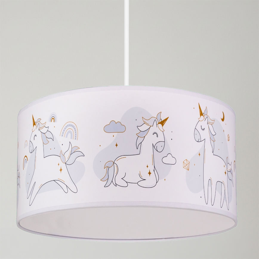 Brilagi -LED Barnpendel på sladd BOBO 1x E27/60 W/230 V Ø 35 cm vit med enhörningsmotiv