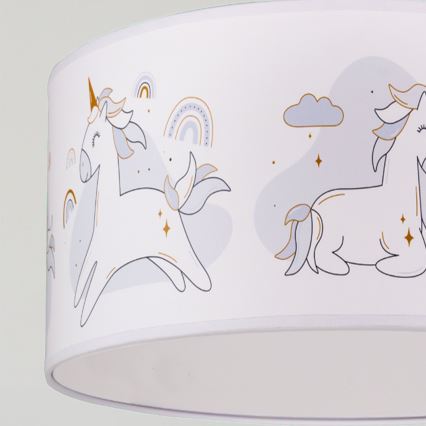 Brilagi -LED Barnpendel på sladd BOBO 1x E27/60 W/230 V Ø 35 cm vit med enhörningsmotiv