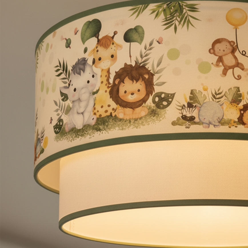 Brilagi - LED barnpendel med vajer BOBO 1xE27/60W/230V Ø 40 cm krämvit/grön/djungel