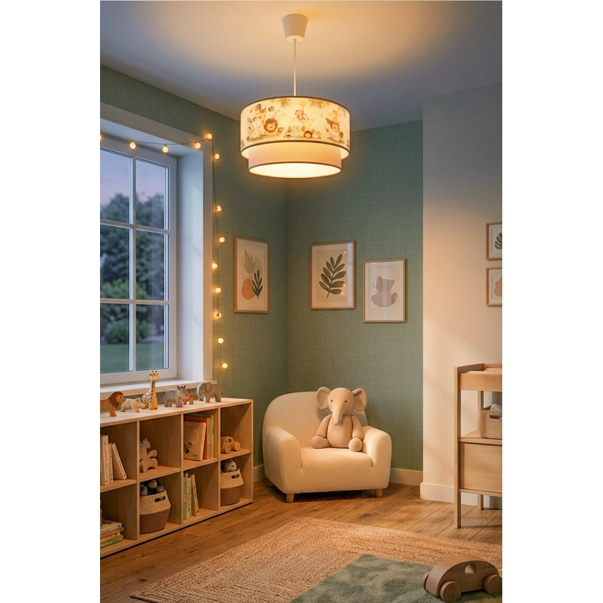Brilagi-LED Barnpendellampa BOBO 1xE27/60W/230V Ø40 cm kräm/grön/djungel