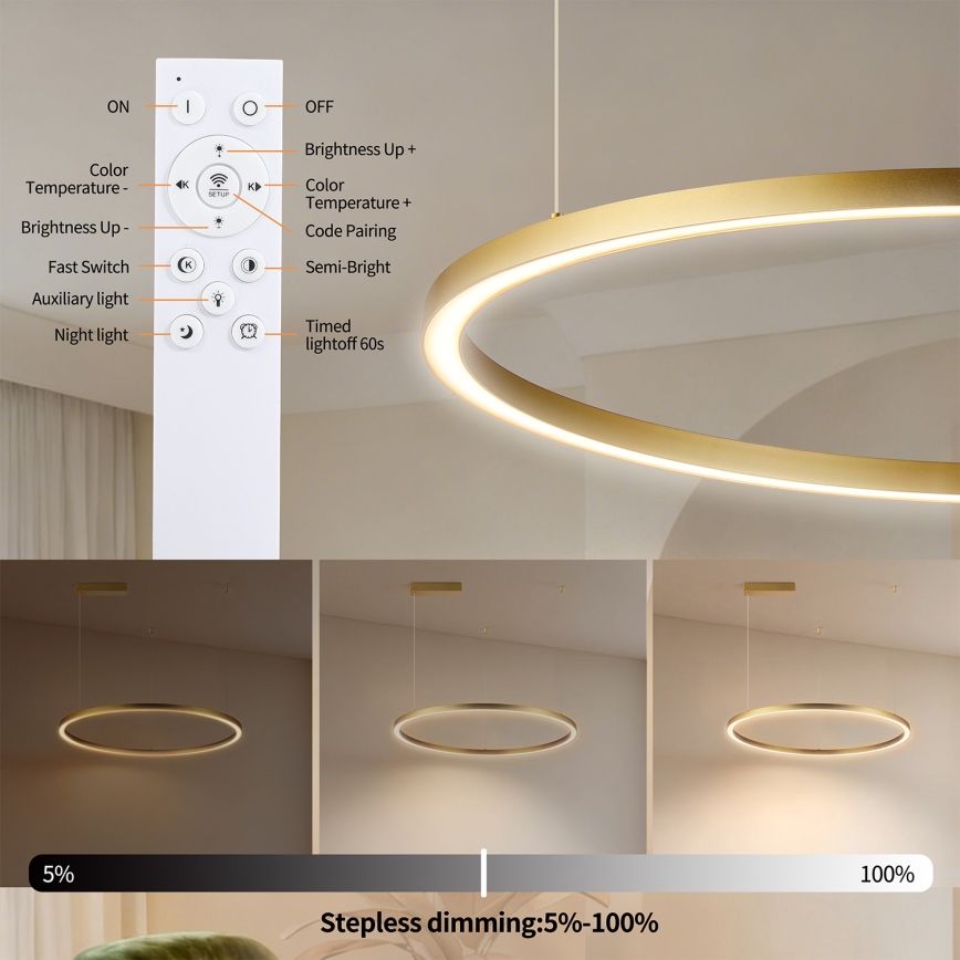 Brilagi - LED-dimmbar pendellampa med vajer PORTOFINO LED/60W/230V 3000-6000K Ø 80 cm guld + fjärrkontroll