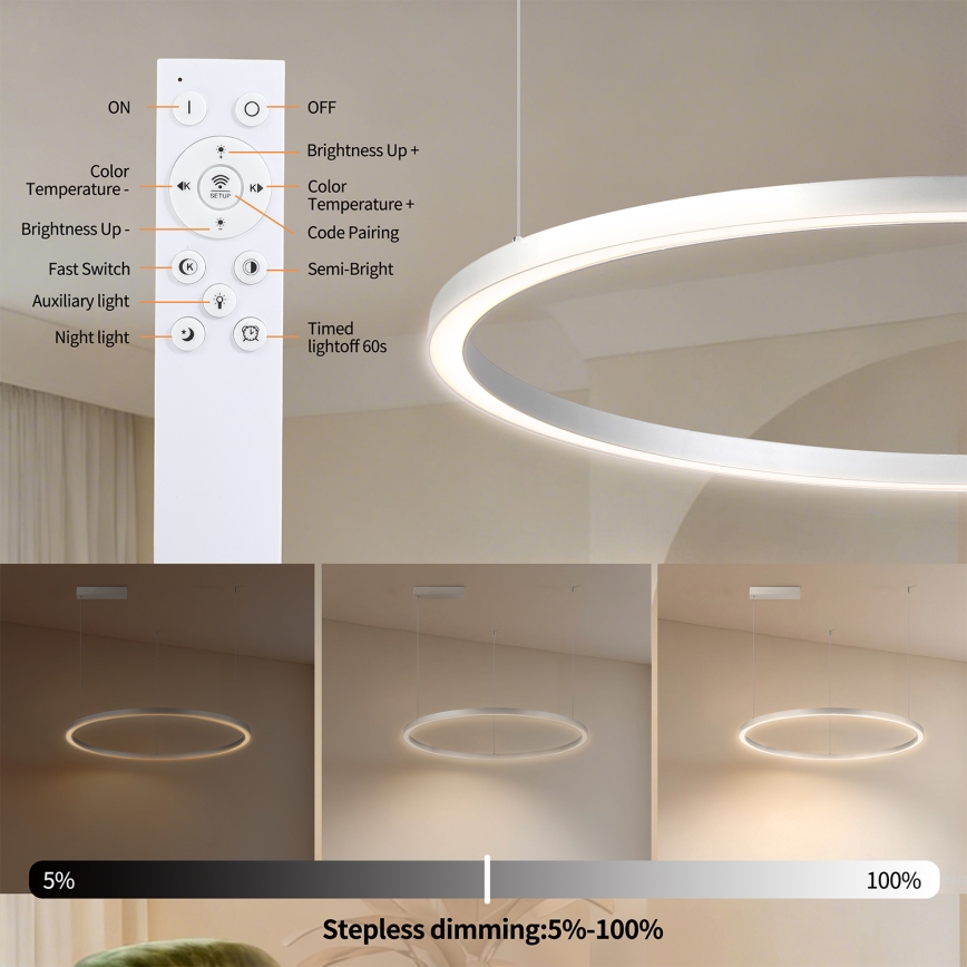 Brilagi - LED-dimbar pendellampa på vajer PORTOFINO LED/60W/230V 3000-6000K Ø 80 cm silver + fjärrkontroll