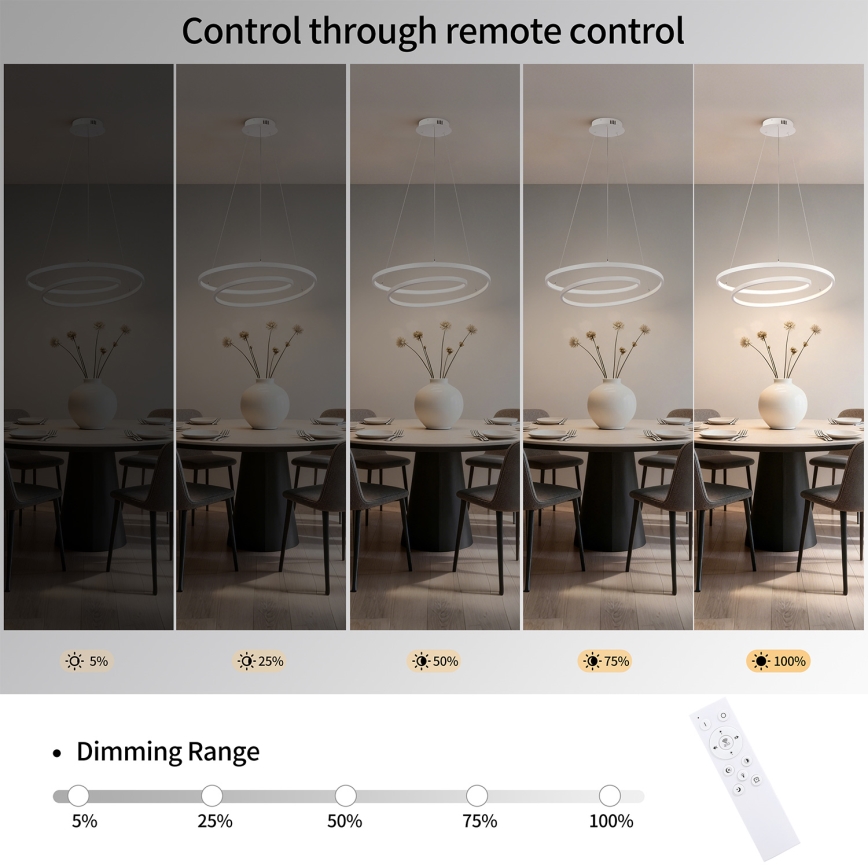 Brilagi - Dimmbar LED-pendellampa på vajer TWISTER LED/48W/230V 3000–6000K Ø 50 cm vit + fjärrkontroll