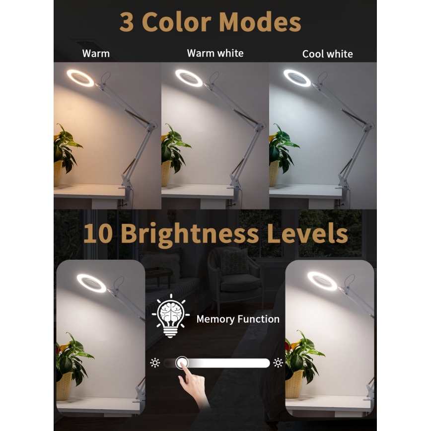 Brilagi - LED dimbar bordslampa med förstoringsglas LENS LED/12W/5V 3000/4200/6000K vit