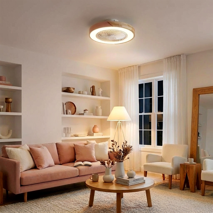 Brilagi - LED-dimbar taklampa med fläkt LED/38W/230V 3000-6500K 3000-6500K Ø 50 cm rosa/ek + fjärrkontroll