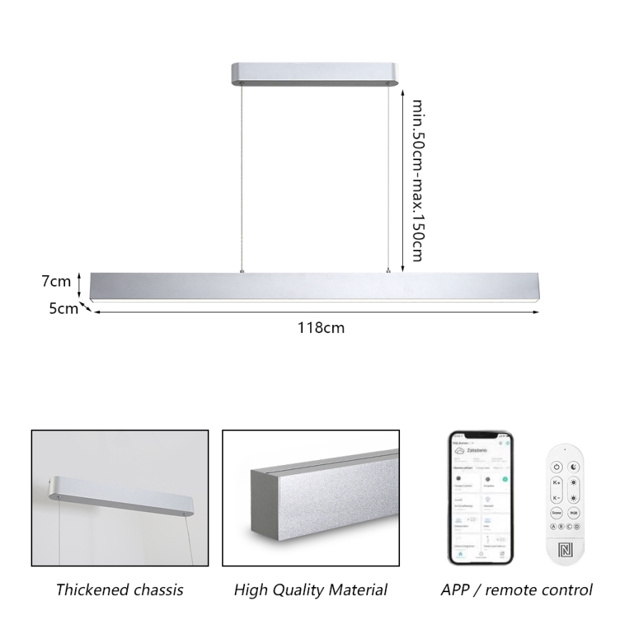 Brilagi - LED Dimbar taklampe med kabel SLEEKLINE SMART LED/40W/230V 3000-6000K Wi-Fi Tuya silver + fjernkontroll