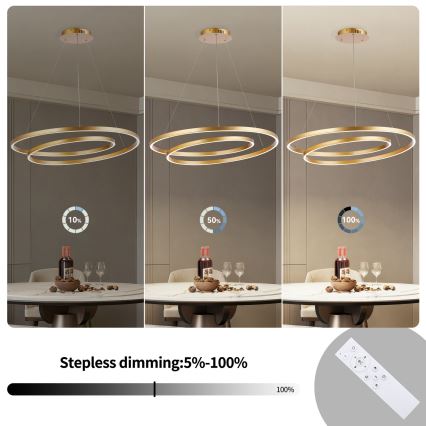 Brilagi - LED dimbar pendellampa på vajer TWISTER LED/105W/230V 3000–6000K Ø 100 cm guld + fjärrkontroll
