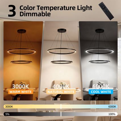 Brilagi - LED-dimbar pendellampa på vajer PORTOFINO LED/98W/230V 3000-6000K Ø 80 cm svart + fjärrkontroll