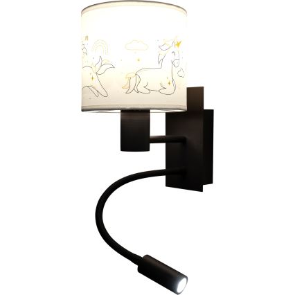BRILAGI - LED flexibel barnvägglampa BOBO 1xE27/25W/230V + LED/3W svart/vit/enhörningar