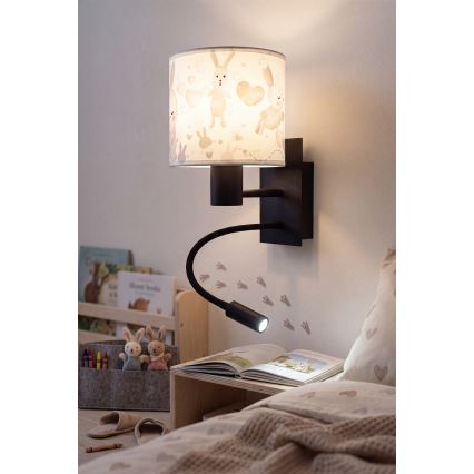 BRILAGI - LED flexibel vägglampa för barn BOBO 1xE27/25W/230V + LED/3W svart/vit med kaninmotiv