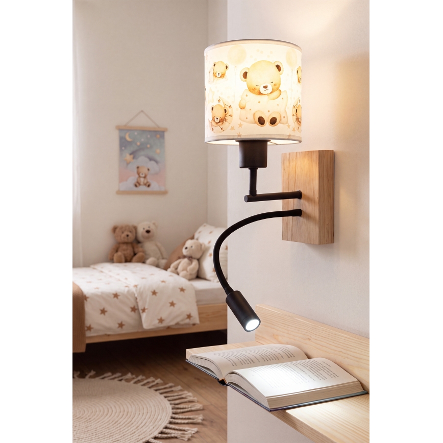 BRILAGI - LED barnlampa, flexibel vägglampa BOBO WOOD 1xE27/25W/230V + LED/3W ek/svart/vit/nallemotiv