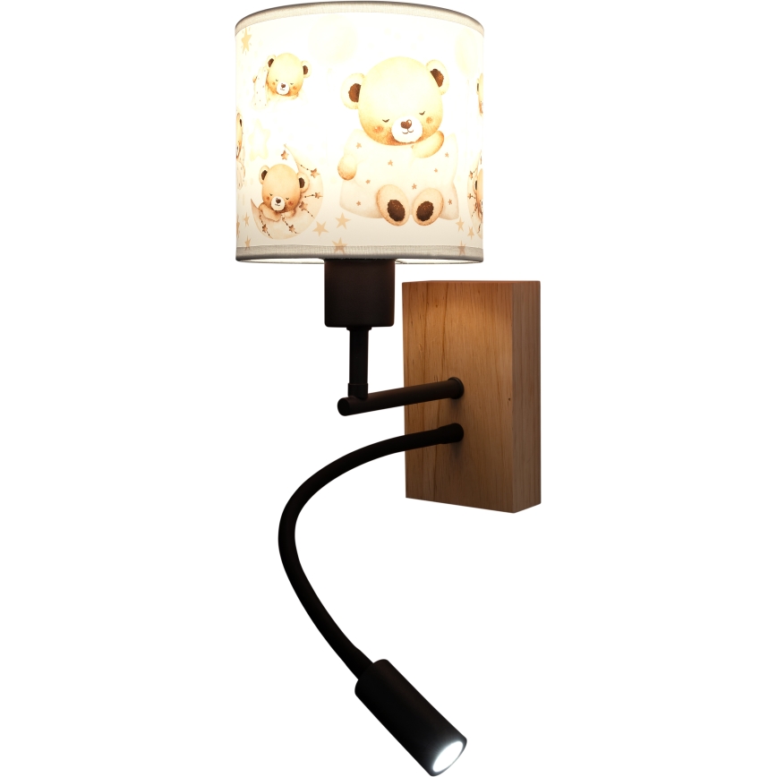 BRILAGI - LED barnlampa, flexibel vägglampa BOBO WOOD 1xE27/25W/230V + LED/3W ek/svart/vit/nallemotiv