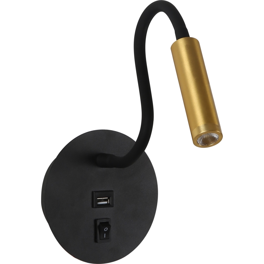 Brilagi - LED Flexibel vägglampa med USB-port MAYA LED/3W/230V 4000K svart/guld