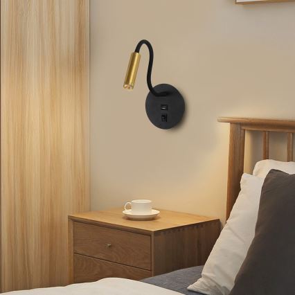 Brilagi - LED Flexibel vägglampa med USB-port MAYA LED/3W/230V 4000K svart/guld