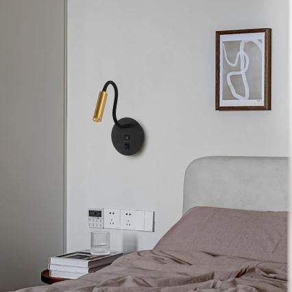 Brilagi - LED Flexibel vägglampa med USB-port MAYA LED/3W/230V 4000K svart/guld