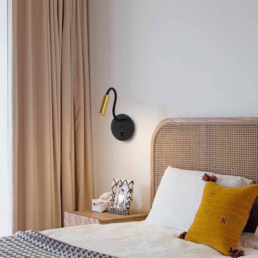 Brilagi - LED Flexibel vägglampa med USB-port MAYA LED/3W/230V 4000K svart/guld