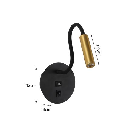 Brilagi - LED Flexibel vägglampa med USB-port MAYA LED/3W/230V 4000K svart/guld