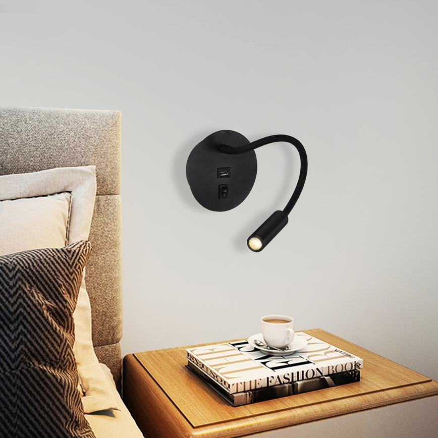 Brilagi - LED Flexibel vägglampa med USB-port MAYA LED/3W/230V 4000K svart