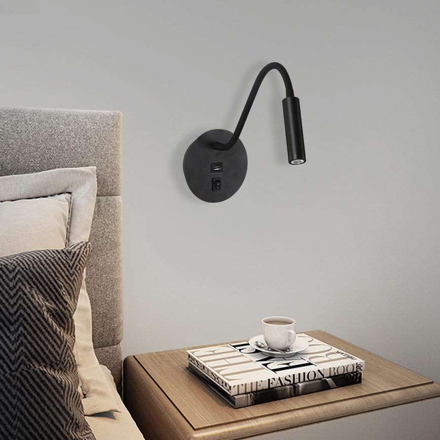 Brilagi - LED Flexibel vägglampa med USB-port MAYA LED/3W/230V 4000K svart