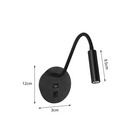 Brilagi - LED Flexibel vägglampa med USB-port MAYA LED/3W/230V 4000K svart