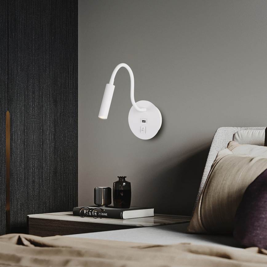 Brilagi - LED Flexibel vägglampa med USB-port MAYA LED/3W/230V 4000K vit