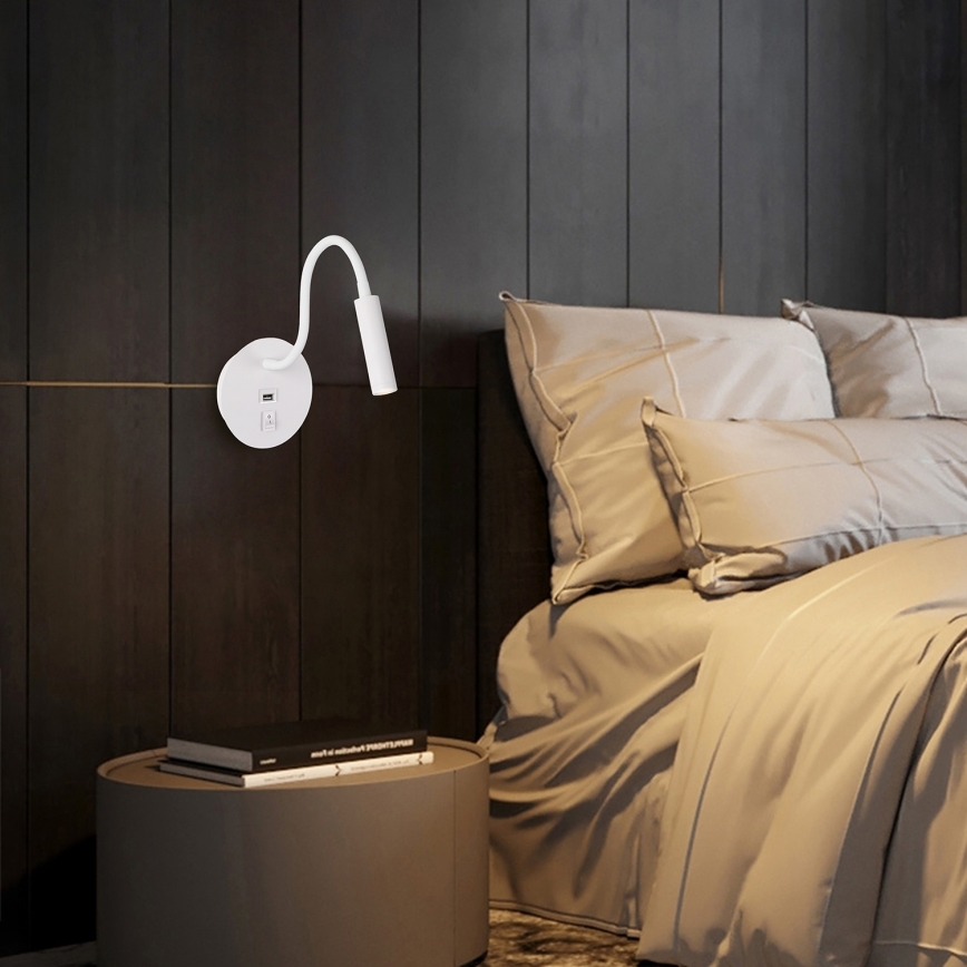 Brilagi - LED Flexibel vägglampa med USB-port MAYA LED/3W/230V 4000K vit