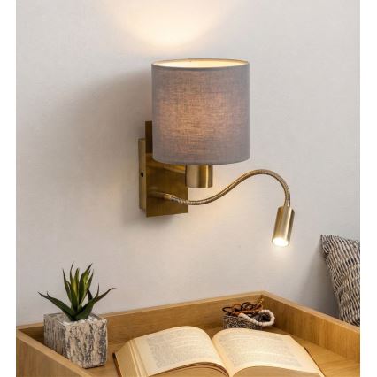 Brilagi - LED flexibel vägglampa NUBILA 1xE27/25W/230V + LED/3W mässing/ljusgrå