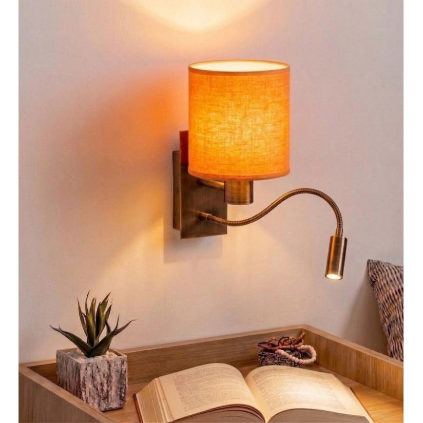 Brilagi - LED-flexibel vägglampa NUBILA 1xE27/25W/230V + LED/3W mässing/orange