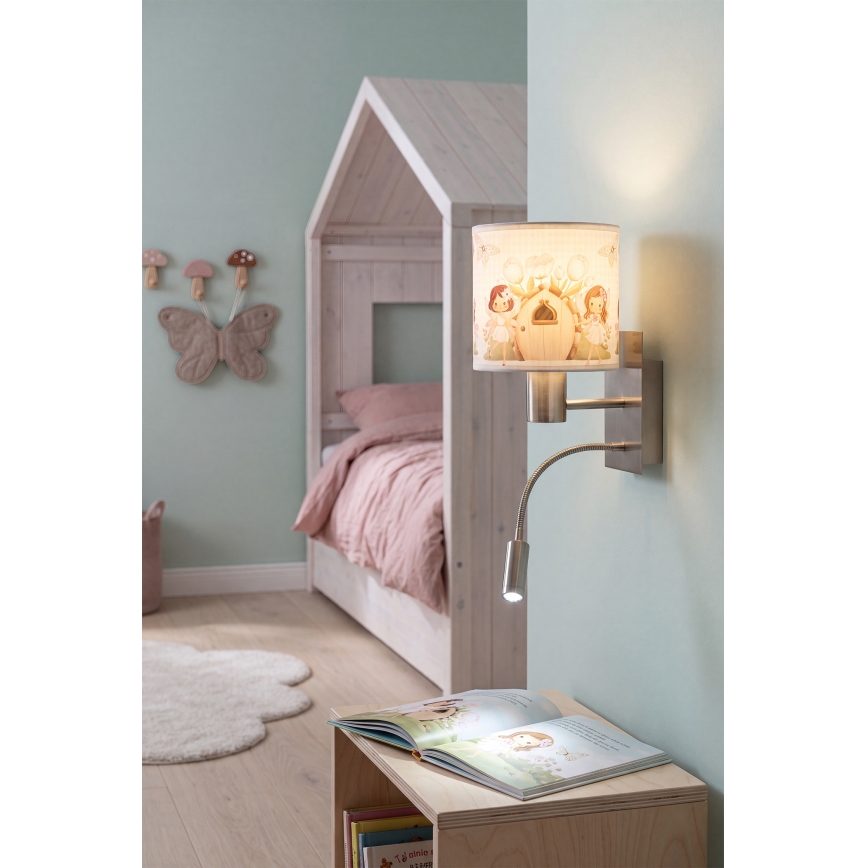 BRILAGI - LED flexibel vägglampa för barn BOBO 1xE27/25W/230V + LED/3W matt krom/vit/rosa/älvor