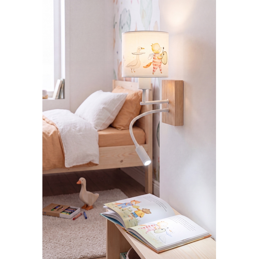 BRILAGI - LED flexibel barnvägglampa BOBO WOOD 1xE27/25W/230V + LED/3W ek/vit/djurmotiv