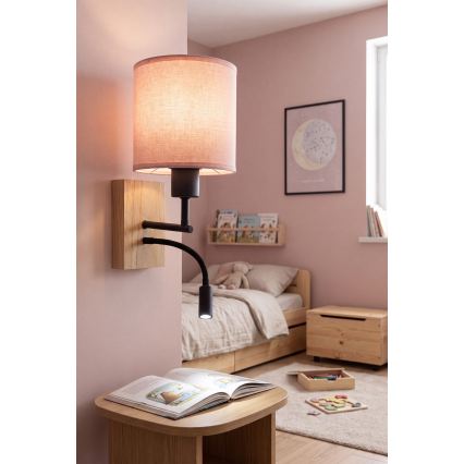 BRILAGI - LED flexibel vägglampa BOBO WOOD 1xE27/25W/230V + integrerad LED 3W ek/svart/rosa