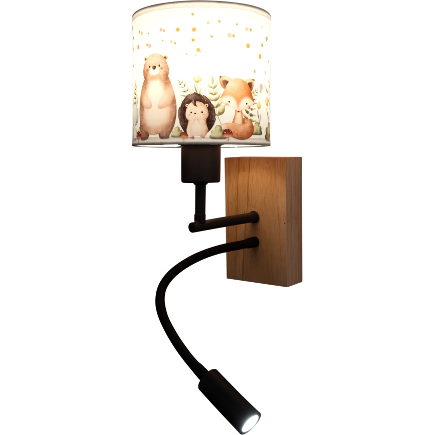 BRILAGI - LED-flexibel vägglampa för barn BOBO WOOD 1xE27/25W/230V + LED/3W ek/svart/vit/djurmotiv