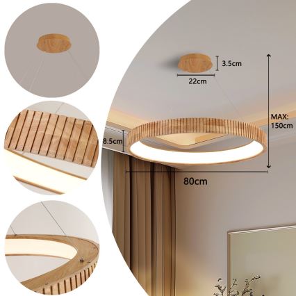 Brilagi - LED pendellampa med vajer FALCON WOOD MODERN LED/60W/230V 3000/4000/6000K Ø 80 cm trä