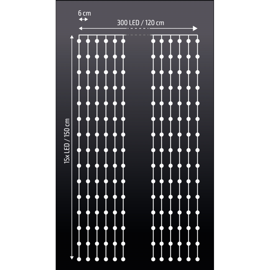 Brilagi - LED Julgardin 300xLED/8 funktioner /3xAA/USB 1,2m kall vit