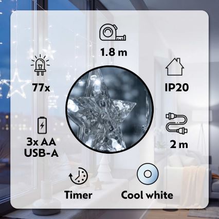 BRILAGI - LED julgardin 77xLED/3xAA/USB 1,8m kallvit