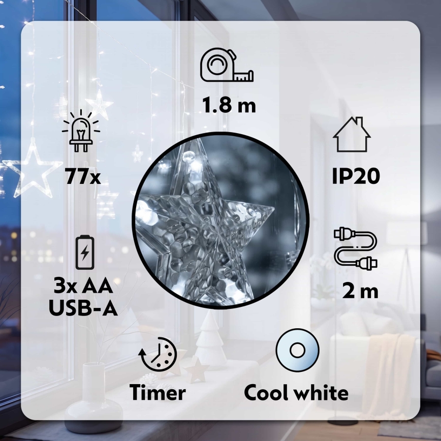 BRILAGI - LED julgardin 77xLED/3xAA/USB 1,8m kallvit