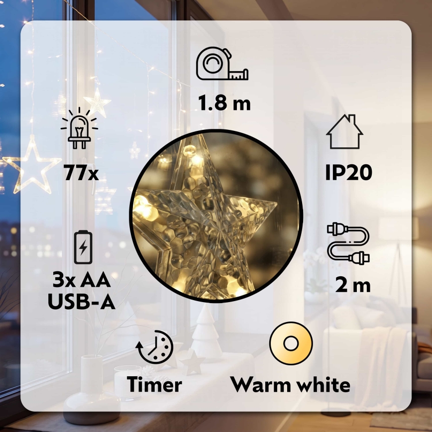 BRILAGI - LED julgardin 77xLED/3xAA/USB 1,8m varmvit