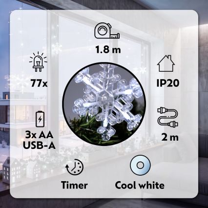 BRILAGI - LED-julgardin 77xLED/3xAA/USB 3,8m snöflingor kallvit