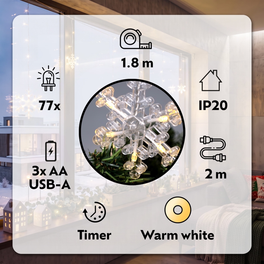 BRILAGI - LED julgardin 77xLED/3xAA/USB 3,8m snöflingor varmvit
