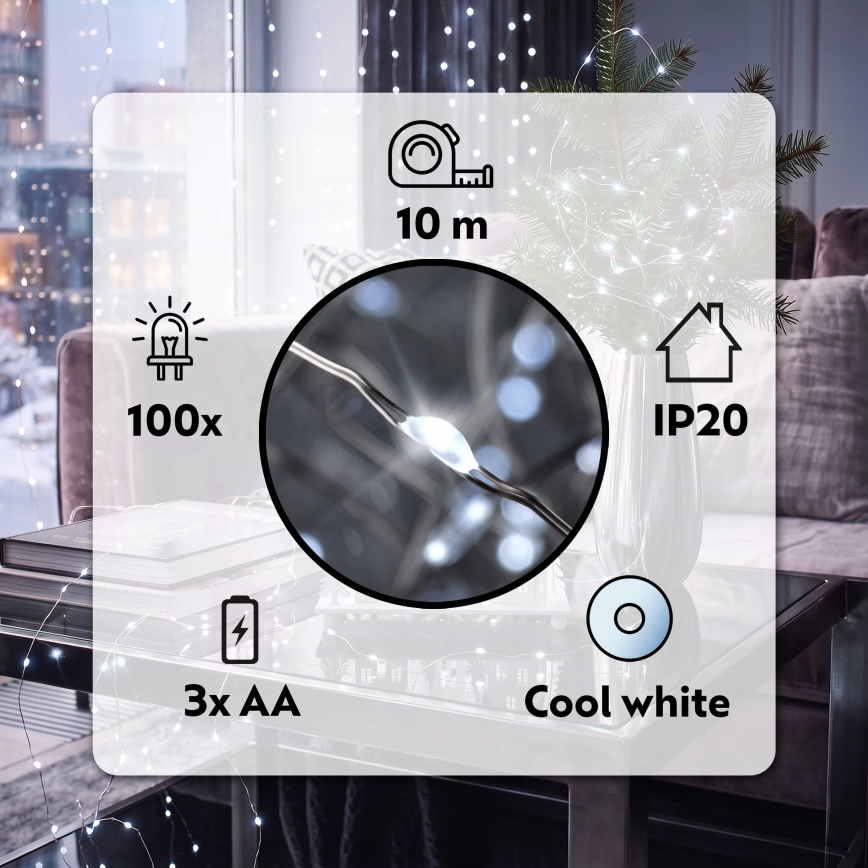 BRILAGI - LED julslinga 100xLED/3xAA 10m kallvit