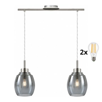 BRILAGI - LED-ljuskrona på vajer RETRO GLASS 2xE27/60W/230V matt krom/rökgrå